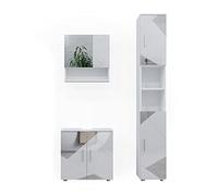 Vicco Ensemble de Meubles de Salle de Bain Irma, Blanc Brillant avec Inserts, 3 pièces, avec Armoire à tiroirs et Armoire Haute
