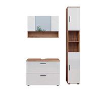 Vicco Meubles Bain Irma, Blanc Brillant/Chêne doré, 3 pièces, Armoire Basse 80 cm, composé d’Un Meuble sous-lavabo, d’Une Armoire Miroir et d’Une Colonne de Rangement