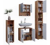 Ensemble de meubles de salle de bain Irma, 4 pièces, avec armoire haute, Blanc brillant/Chêne doré, Chêne de force doré, Vicco