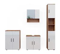 Vicco Meubles Bain Irma, Blanc Brillant/Chêne doré, 4 pièces, avec Armoire Haute et Commode