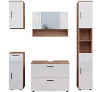 Ensemble de meubles de salle de bain Irma, 5 pièces, Blanc brillant/Chêne doré, Chêne de force doré, Vicco