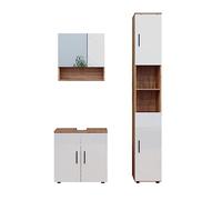 Vicco Meubles Bain Irma, Blanc Brillant/Chêne doré, 80 cm, composé d’Un Meuble sous-lavabo, d’Une Armoire Miroir et d’Une Colonne de Rangement