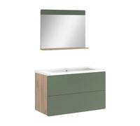 Vicco Meubles bain "Izan", Vert/Chêne doré 100 cm | 3 pièces · Meuble sous-vasque · Miroir · Lavabo
