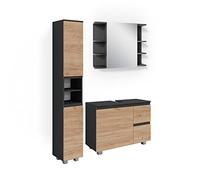 Vicco Meubles Bain J-Shape, Anthracite/Chêne doré 80 cm | 3 pièces · Meuble sous-vasque · Armoire à miroir · Armoire haute
