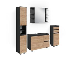 Vicco Meubles Bain J-Shape, Anthracite/Chêne doré 80 cm | Composé d'un meuble sous lavabo, d'un miroir, d'une colonne haute et d'une colonne moyenne