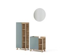 Vicco Meubles Bain Karen, Sonoma/Bleu, 60 cm, composé d’Un Meuble sous-lavabo, d’Une Armoire Miroir et d’Une Colonne de Rangement