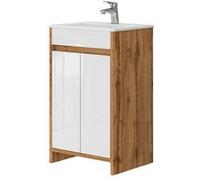 Vicco Mobilier de Salle de Bains Lemgo, Chêne de Force doré/Blanc Haute Brillance, 2 Parties, avec lavabo et 2 Portes battantes