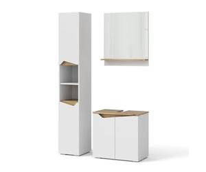 Vicco Meubles Bain Marelle, Blanc, 60 cm, composé d’Un Meuble sous-lavabo, d’Une Armoire Miroir et d’Une Colonne de Rangement