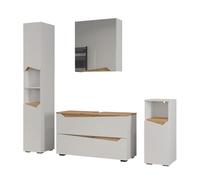Vicco Meubles Bain Marelle, Blanc/Chêne Artisan 100 cm | 4 pièces - Meuble sous lavabo - Armoire miroir - Armoire haute - Armoire midi