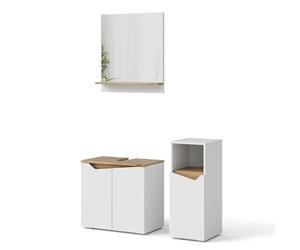 Vicco Meubles Bain Marelle, Blanc/Chêne Artisan 60 cm | 3 pièces · Meuble sous-vasque · Miroir · Armoire mi-haute