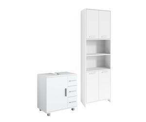 Vicco Meubles Bain Maris, Blanc, 60 cm, composé d’Un Meuble sous-lavabo et d’Une Armoire Haute