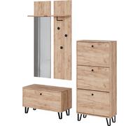 Vicco miroir mural Siri, Ensemble avec portemanteaux muraux, banc et armoire à chaussures, Chêne de force doré