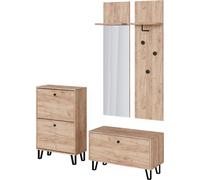 Vicco miroir mural Siri, Ensemble avec portemanteaux muraux, banc et armoire à chaussures, Chêne de force doré