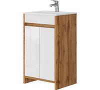 Vicco Mobilier de Salle de Bains Lemgo, Chêne de Force doré/Blanc Haute Brillance, 2 Parties, avec lavabo et 2 Portes battantes