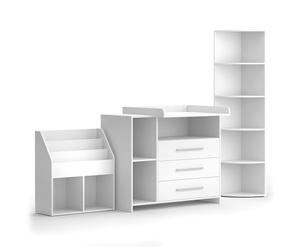 Vicco Set de Chambre d'enfant Oskar, Blanc, 3 pièces, avec Commode à Langer, étagère à Jouets et bibliothèque, Transformable en Commode Standard après Retrait du Plan à Langer