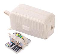VICDUEKG Trousse Scolaire, Trousse à Crayons en Velours CôTelé, Trousse Scolaire avec 3 Compartiments, Grande Trousse De Papeterie pour Les écoles et Les Bureaux, Beige