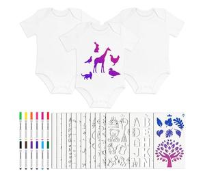 Vicloon 3PCS Body Bébé de Peinture, Body Bébé Blanc à Peindre à Personnaliser, avec 12 Marqueurs Textile et 14 Pochoirs, Idée pour Activités pour Babyshower Party DIY