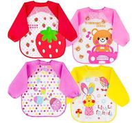 Vicloon 4pcs Bavoir Etanche à Manchs Longue,Tablier d'Alimentation de Jeu,de Peinture,Bavoir Imperméable Unisexe pour Bébé de 6 mois à 3 ans （violet-jaune-rouge-rose）