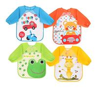 Vicloon Bavoir Etanche à Manches Longues, 4pcs Tablier d'Alimentation de Jeu et de Peinture, Imperméable Unisexe pour Bébé de 6 Mois à 3 Ans (Bleu-Orange-Jaune-Vert)