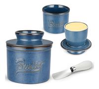 Vicloon Beurrier à Eau, Beurrier Français en Céramique avec Couvercle et Couteau à Beurre, Butter Crock pour Beurre Frais et Tartinable pour Conserver et Servir Votre Beurres(Bleu)