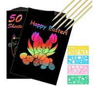Vicloon Carte a Gratter Enfant, 50pcs Dessin Gratters pour Enfants, Feuilles à Gratter Papier avec 4 Règles de Gabarit de Dessin, 5 Stylets en Bois, Scratch Art pour Écriture Jeux Dessins (19 * 13cm)