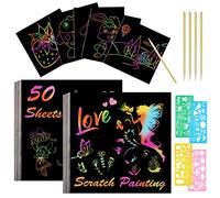 Vicloon Carte a Gratter Enfant, 50pcs Dessin Gratters pour Enfants, Feuilles à Gratter Papier avec 4 Règles de Gabarit de Dessin, 5 Stylets en Bois, Scratch Art pour Écriture Jeux Dessins-8.5 * 8.5cm