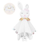 Vicloon Couverture de Sécurité et Doudou Carré pour Accompagner dans Son Sommeil, Couverture avec Étiquette en Satin Colorée pour Poussette, Berceau, Berceau - Lapin Blanc
