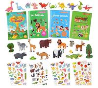 Vicloon Livre Gommettes Enfants 2 3 4 Ans, Lot de 4 Livre d'autocollants Réutilisables, Livre d'autocollants de Voyage et Autocollants de Scènes, Inclut Thèmes Zoo/Océan/Dinosaure/Ferme