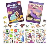 Vicloon Livre Gommettes Enfants de 3 Ans et Plus, Lot de 2 Livre d'autocollants Réutilisables de Enfants, Livre d'autocollants de Voyage et Autocollants de Scènes, Inclut Thèmes Dinosaures et Univers