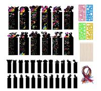 Vicloon Marque-Pages à Gratter, 36Pcs Carte à Gratter Dessin à Gratters, Halloween Scratch Art Papier Animaux avec Crayons en Bois et Rubans pour Bricolage Jeux Cadeau de Fête pour Garçons et Filles