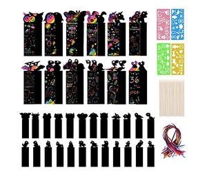 Vicloon Marque-Pages à Gratter, 36Pcs Carte à Gratter Dessin à Gratters, Halloween Scratch Art Papier Animaux avec Crayons en Bois et Rubans pour Bricolage Jeux Cadeau de Fête pour Garçons et Filles
