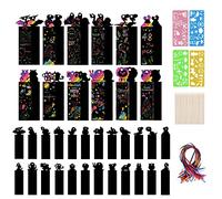 Vicloon Marque-Pages à Gratter, 48Pcs Carte à Gratter Dessin à Gratters, Halloween Scratch Art Papier Animaux avec Crayons en Bois et Rubans pour Bricolage Jeux Cadeau de Fête pour Garçons et Filles