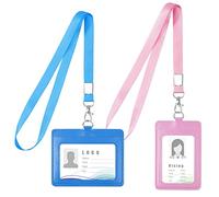 Vicloon Porte-badge en Cuir PU, 2pcs Porte Badge Tour de Cou, Double Cartes Badge Cuir Rétractable avec Lanière avec Lanière(Horizontale Beu Clair + Verticale Rose)