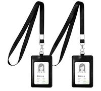 Vicloon Porte-badge en Cuir PU, 2pcs Porte Badge Tour de Cou, Double Cartes Badge Cuir Rétractable avec Lanière avec Lanière(Noir, Verticale)