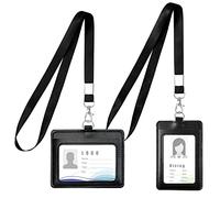 Vicloon Porte-badge en Cuir PU, 2pcs Porte Badge Tour de Cou, Double Cartes Badge Cuir Rétractable avec Lanière avec Lanière(Noir, Horizontal + Vertical)