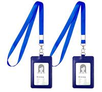 Vicloon Porte-badge en Cuir PU, 2pcs Porte Badge Tour de Cou, Double Cartes Badge Cuir Rétractable avec Lanière avec Lanière(Bleu foncé, Verticale)