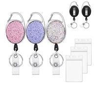 Vicloon Porte Badge Enrouleur, 3pcs Porte-clés Retractable et 3pcs Badges en Plastique, Cordon Rétractable Pour Des Cartes D'identité Cles Clip de Ceinture(Couleur/Violet/Rose)
