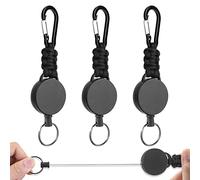 Vicloon Porte-Clés Rétractables, 3PCS Porte-Badge Mousqueton Robuste, Rétractable Badges Reel Clip avec Lanière Tressée, Cles en Paracorde et Cordon en Fil D'acier pour L'extérieur (noir)