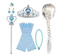 Vicloon Princesse Dress Up Accessoires,Elsa Cadeau Set pour Costume d'Elsa -Gants/Diadème/Baguette Magique/Bague/Boucles d'oreilles/Collier Cosplay Carnaval 3-8 Ans (Bleu 8pcs)
