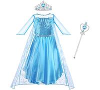 Vicloon Robe Princesse Elsa,Robe de Princesse Reine des Neiges pour Cosplay Mariage Carnaval Fête d'anniversaire - avec Accessoires de Baguette Magique Princesse Couronne