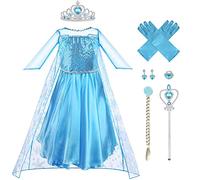 Vicloon Robe Princesse Elsa,Robe de Princesse Reine des Neiges pour Cosplay Mariage Carnaval Fête d'anniversaire - avec Accessoires de Baguette Magique Princesse Couronne