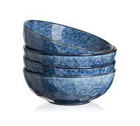 vicrays Lot de 4 bols à dessert en céramique - Aspect vintage - Bleu - Grande capacité de 940 ml - 18 x 18 x 6,3 cm
