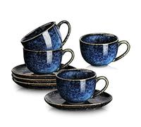 vicrays Lot de 4 tasses à cappuccino avec soucoupes en céramique pour Au Lait, double shot, latte, café, moka, thé (bleu étoilé)
