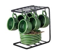 vicrays Lot de 6 tasses à café expresso en céramique avec soucoupes, cuillères et support en métal pour thé, café, cappuccino, latte, 118 ml, vert