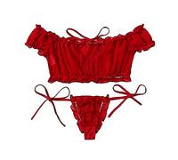 VicSec Ensemble de lingerie sexy pour femme, joli soutien-gorge et culotte avec nœud réglable transparent en peluche avec bandes coquines Babydoll Chemise de nuit de Saint-Valentin Noël Rouge, rouge,