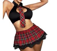 VicSec Ensemble de lingerie uniforme d'écolière pour femmes - costume de soubrette française grande taille - costume de jeu de rôle pour étudiante, cosplay, mini jupe et haut court en maille pour