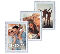 Victor Cadre Photo Rubens Set de 3 - en 21x30 cm (A4) Blanc Argenté - Bar: 30x20mm - Verre Véritable - Châssis pour l'image Baroque - Antique - Vintage 20x30 - A4 Ancien