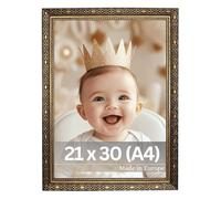 VictoR Vermeer Cadre photo vintage noir doré 21 x 30 cm (A4) - Cadre baroque antique avec verre acrylique - Paroi arrière en MDF stable - Pour format portrait et paysage - Cadre photo A4 noir doré