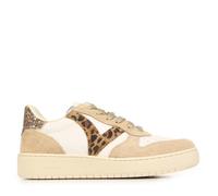 Victoria Madrid - Baskets femme cuir blanc & daim, V animal print, arrière glitter, lacets 39
