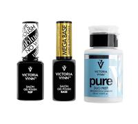 Victoria Vynn Gel Polish Set Top Unblue No Wipe 15ml, Mega Base Clear 8ml et Pure Duo Prep Flacon Vide 150ml - Kit Manucure Professionnelle